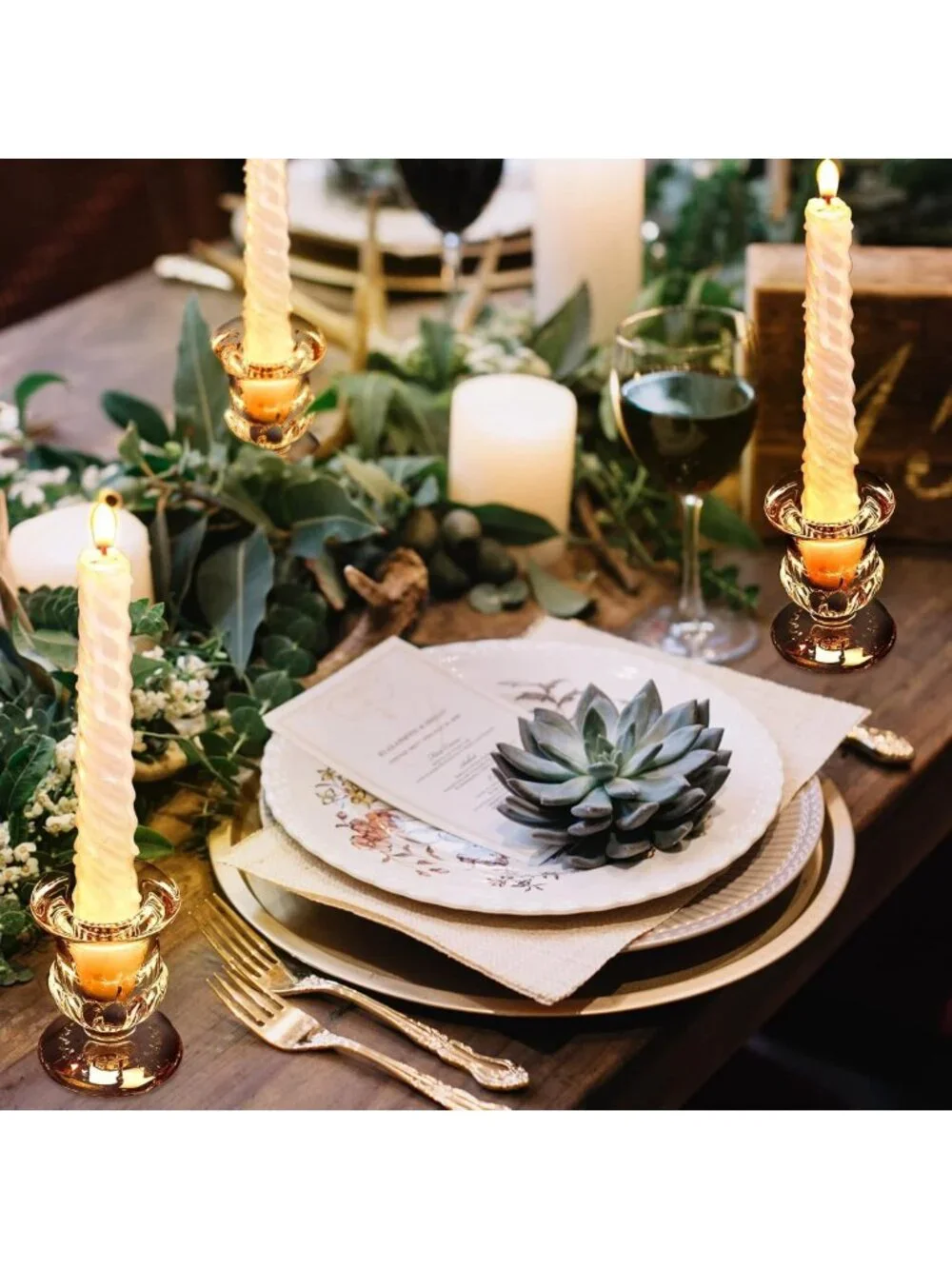 Rustic Clear Glass Taper Candle Holders - Set of 2, Vintage Centerpiece Decor